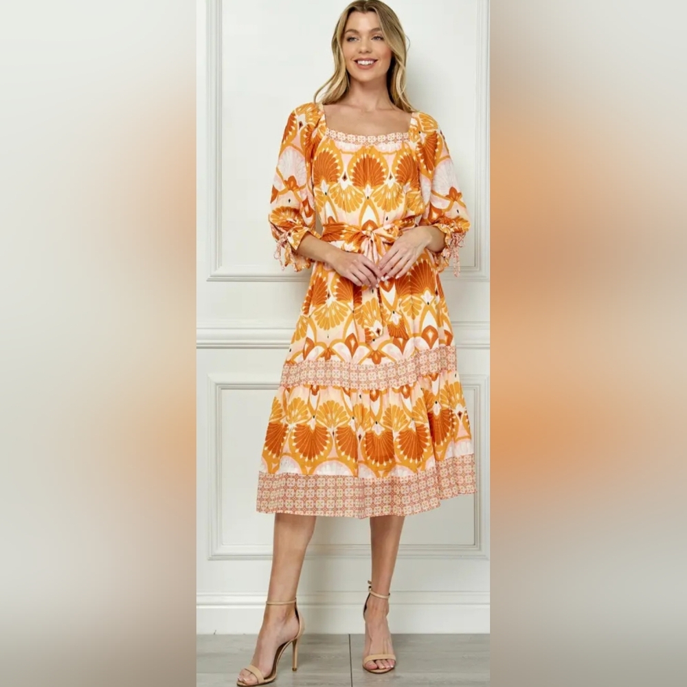 Orange Patterned Women's Dress - Picture 2 of 6